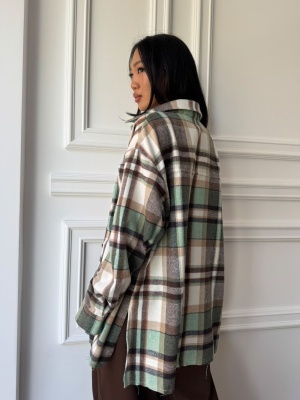 Cămașă LIVIANA în carouri verde salvie, oversized, cu croială lejeră și design modern - Img 2