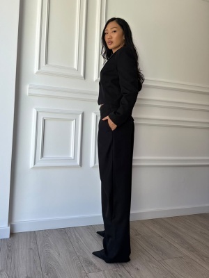 Compleu ARIANNA din stofă, două piese, negru intens, sacou cambrat și pantaloni largi - Img 3
