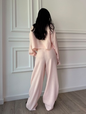Compleu din muselină SANTORINI LOVE, cămașă scurtă și pantaloni largi roz pudrat - Img 2