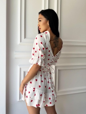 Compleu din muselină SWEET HEARTS, top cu mâneci bufante și fustă-pantalon cu imprimeu inimioare - Img 2