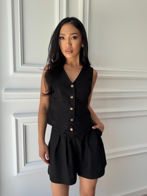 Compleu ELLERY KISS din in, negru, două piese, vestă și pantaloni