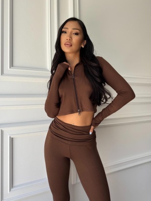 Compleu KAIA, maro, din vâscoză cu bumbac și elastan, cu top cropped și pantaloni evazați - Img 4