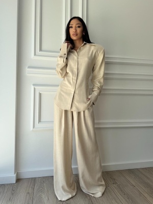 Compleu KALYSSA din material fluid, 2 piese, cămașă și pantaloni tip oversized crem - Img 3