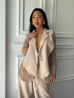 Compleu lung, 2 piese, cămașă și pantaloni tip oversize AURORA FLOW bej - Img 3