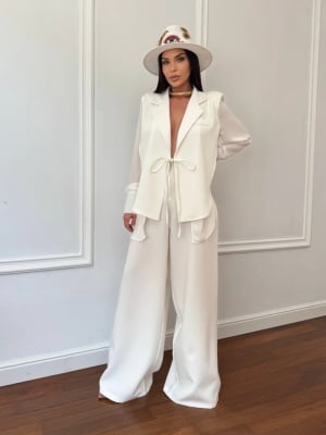 Compleu lung, 2 piese, cămașă și pantaloni tip oversize SUNSHINE FLOW alb - Img 1