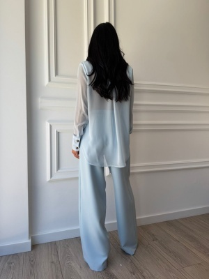 Compleu lung, 2 piese, cămașă și pantaloni tip oversize SUNSHINE FLOW albastru - Img 2