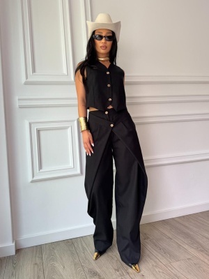 Compleu MARIVELLE, din in, două piese, negru, vestă și pantaloni largi cu detaliu petrecut