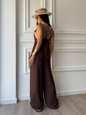 Compleu MELISSA, mocha, top cu bretele și pantaloni palazzo, cu croială fluidă - Img 4