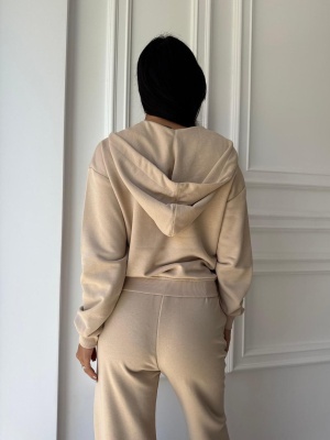 Compleu MIKAELA, crem, din material moale, cu hanorac cu glugă și pantaloni largi - Img 3