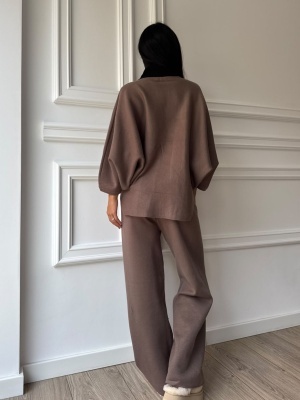 Compleu PATRICIA din două piese, maro, cu cardigan cu mâneci ample și pantaloni lungi - Img 2