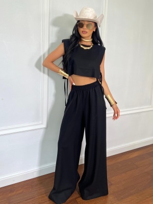Compleu RANIA, negru, din in natural, top lejer și pantaloni largi pentru zile călduroase - Img 5