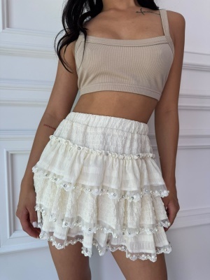 Fustă-pantalon IVORY PEARL, cu volane suprapuse și detalii romantice - Img 3
