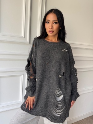 Pulover EVELINA tricotat cu efect distressed, gri, croială oversized și detalii decorative