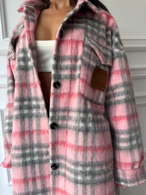 Trench VIVIANA în carouri, accente roz, cu croială lungă și design oversized - Img 3