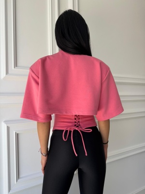 Tricou chic BRIGITA, corai,croială asimetrică și talie evidențiată, cu șnur reglabil la spate - Img 2
