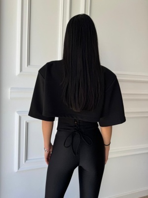 Tricou chic BRIGITA, negru, croială asimetrică și talie evidențiată, cu șnur reglabil la spate - Img 2