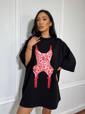 Tricou cu imprimeu ZOYA, tip oversized negru