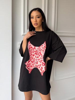 Tricou tip rochie oversized SAREENA, cu print corset, super statement, sexy-cool