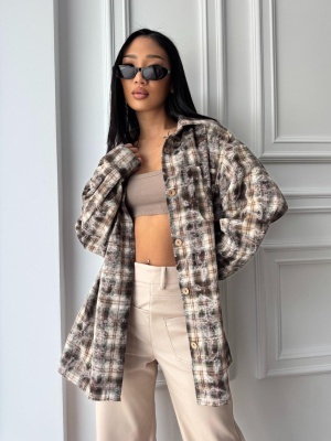 Cămașă casual AMELIA, cu mâneci lungi, ușor oversized, maro-bej în carouri