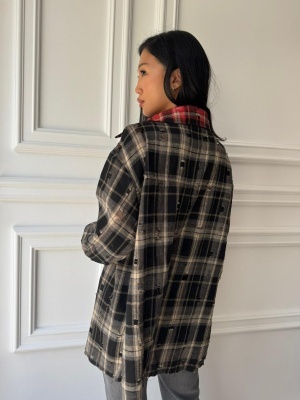 Cămașă casual EMILIA, cu mâneci lungi, tip oversized în tonuri de negru și roșu - Img 2