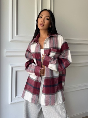 Cămașă ELVIRA în carouri bordo, oversized, cu croială lejeră și design modern