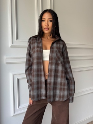 Cămașă INGRID, gri și maro, în carouri, cu croială lejeră și design oversized