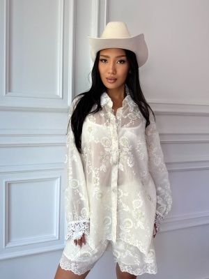 Cămașă MIREILLE, albă, cu broderie florală și inserții din dantelă - Img 3