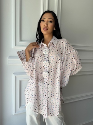 Cămașă ZAHARA, albă, cu imprimeu multicolor și croială oversized