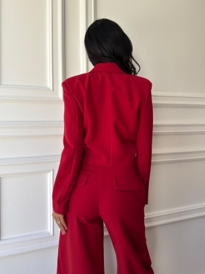 Compleu ARIANNA din stofă, două piese, roșu intens, sacou cambrat și pantaloni largi - Img 5