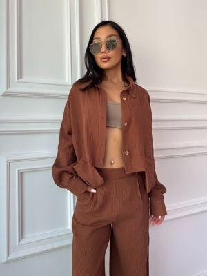 Compleu din muselină SANTORINI LOVE, cămașă scurtă și pantaloni largi camel - Img 3