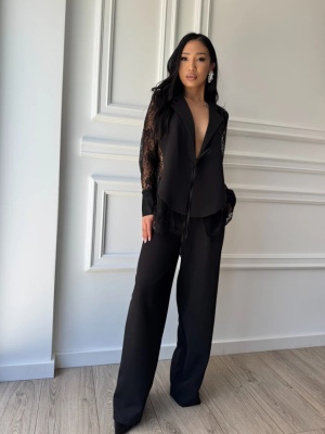Compleu elegant NOIR LACE, cămașă cu rever tip sacou, inserții din dantelă și pantaloni lungi - Img 5