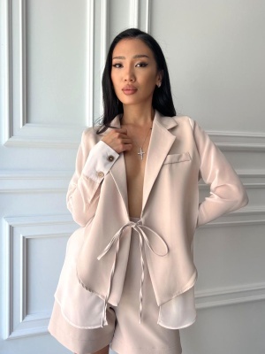Compleu elegant NOOR, din material Barbie și voal, cu cămașă vaporoasă și pantaloni scurți nude rose