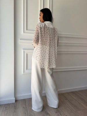 Compleu lung, 2 piese, cămașă și pantaloni tip oversize LUMINA DAWN alb - Img 2