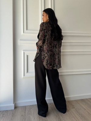 Compleu lung, 2 piese, cămașă și pantaloni tip oversize ONYX FLARE negru - Img 2