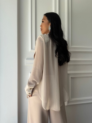 Compleu lung, 2 piese, cămașă și pantaloni tip oversize SUNSHINE FLOW bej - Img 5