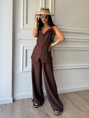Compleu MELISSA, mocha, top cu bretele și pantaloni palazzo, cu croială fluidă