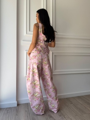Compleu MIREYA, roz floral, din denim, cu top cambrat și pantaloni wide leg - Img 2