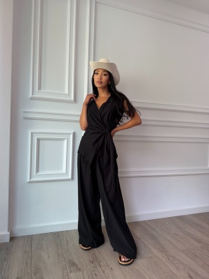 Compleu NADINE, negru, elegant, cu bluză petrecută și pantaloni palazzo