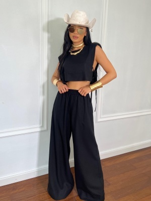 Compleu RANIA, negru, din in natural, top lejer și pantaloni largi pentru zile călduroase - Img 3