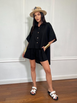 Compleu scurt, din in, 2 piese, camasa tip oversize ANTONELLA negru - Img 4