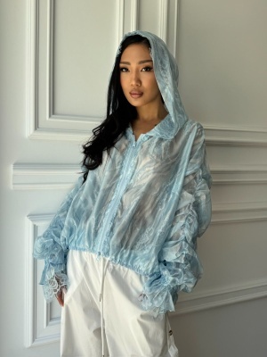 Jachetă SALMA, subțire, de vară, bleu, cu dantelă și design vaporos - Img 2