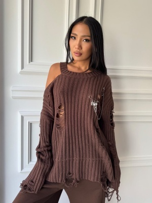 Pulover AMELINE tricotat cu efect distressed, maro, croială oversized și design asimetric