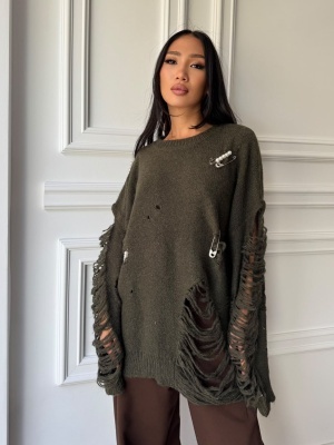 Pulover EVELINA tricotat cu efect distressed, verde-kaki, croială oversized și detalii decorative - Img 4