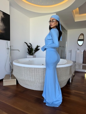 Rochie NOIRA, bleu, maxi, cu decolteu adânc și croială mulată - Img 2