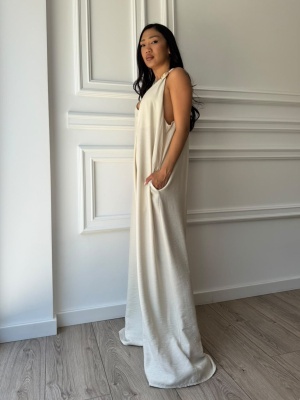 Salopetă AMARA, ivory, maxi, cu accesoriu decorativ și croială amplă - Img 3