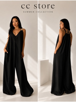 Salopetă AMARA, neagra, maxi, cu accesoriu decorativ și croială amplă - Img 3