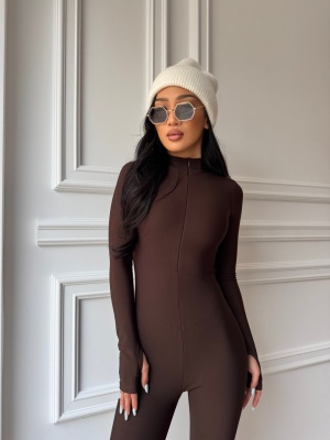 Salopetă modelatoare vatuita VIVIEN, cu mâneci lungi, mulată, maro - Img 2