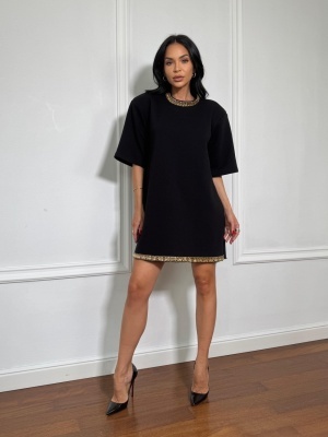 Tricou tip rochie, cu umeri structurați și accesorii MELINA negru-auriu - Img 3