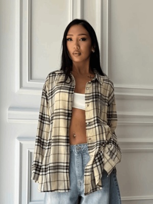 Cămașă casual ALIONA, cu mâneci lungi, ușor oversized, beige în carouri - Img 1