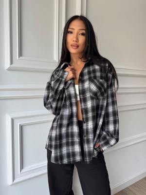 Cămașă INGRID, gri și negru, în carouri, cu croială lejeră și design oversized